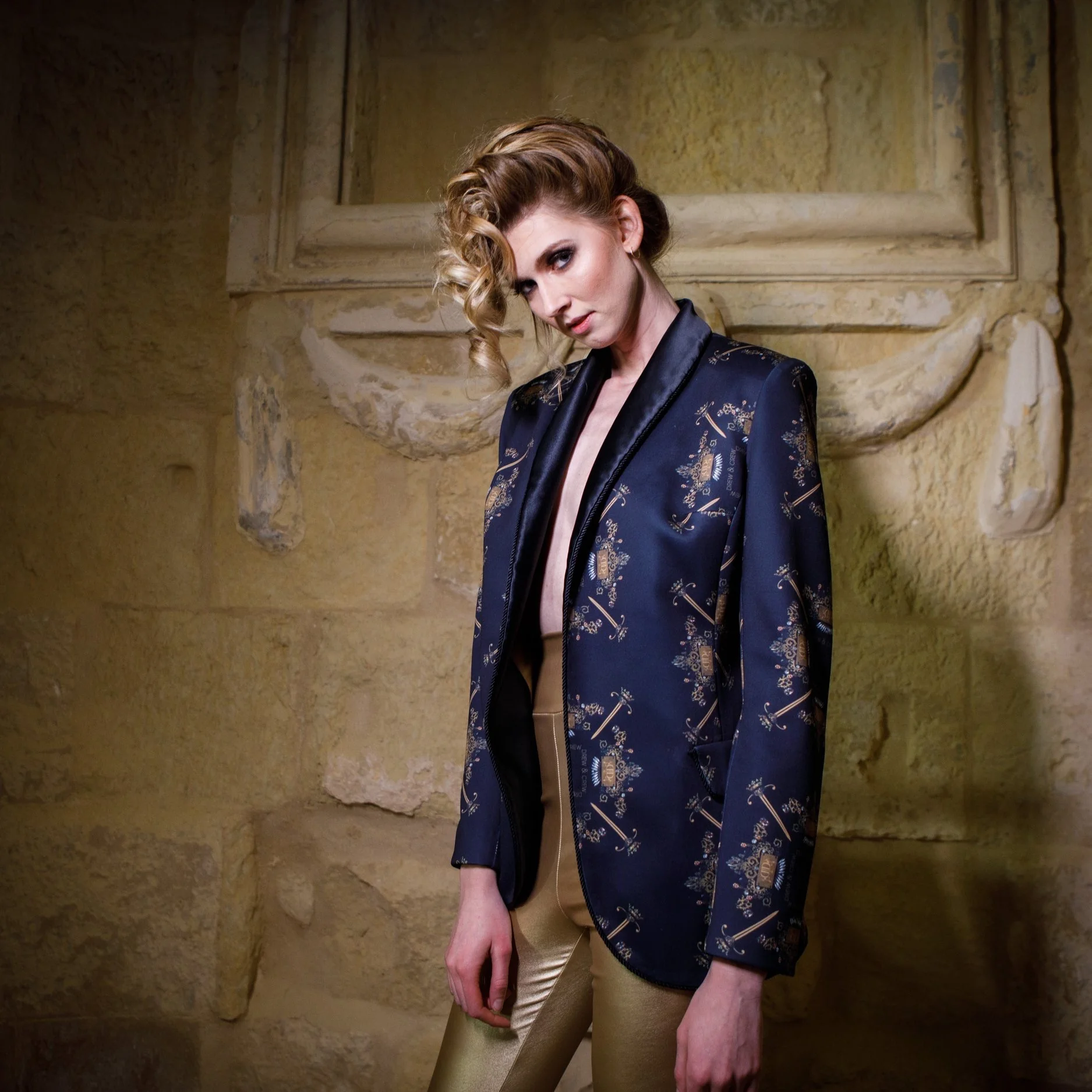 Fashion jacket with intricate patterns, suitable for custom clothing design.