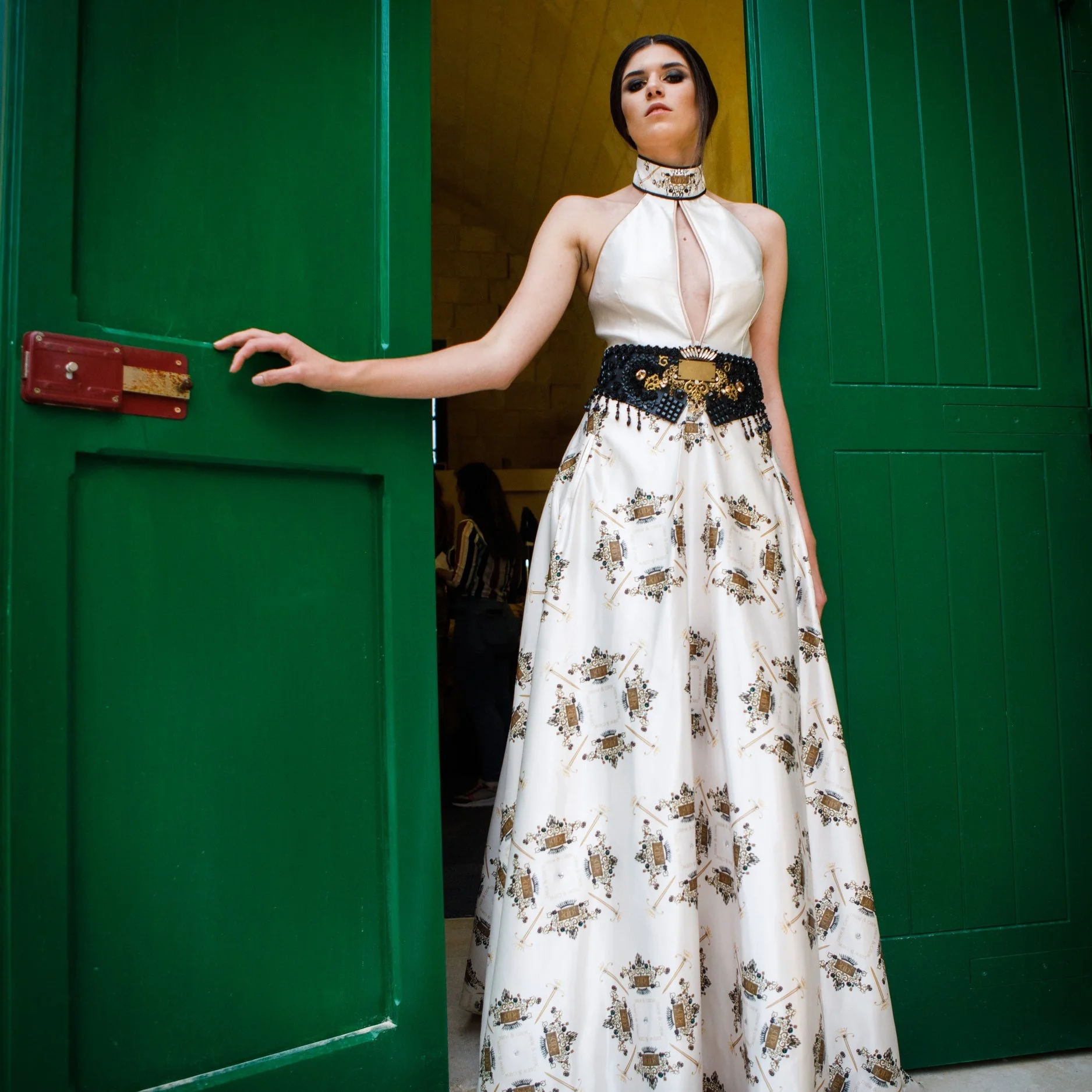 Custom fabric printing on a stylish dress with intricate patterns.