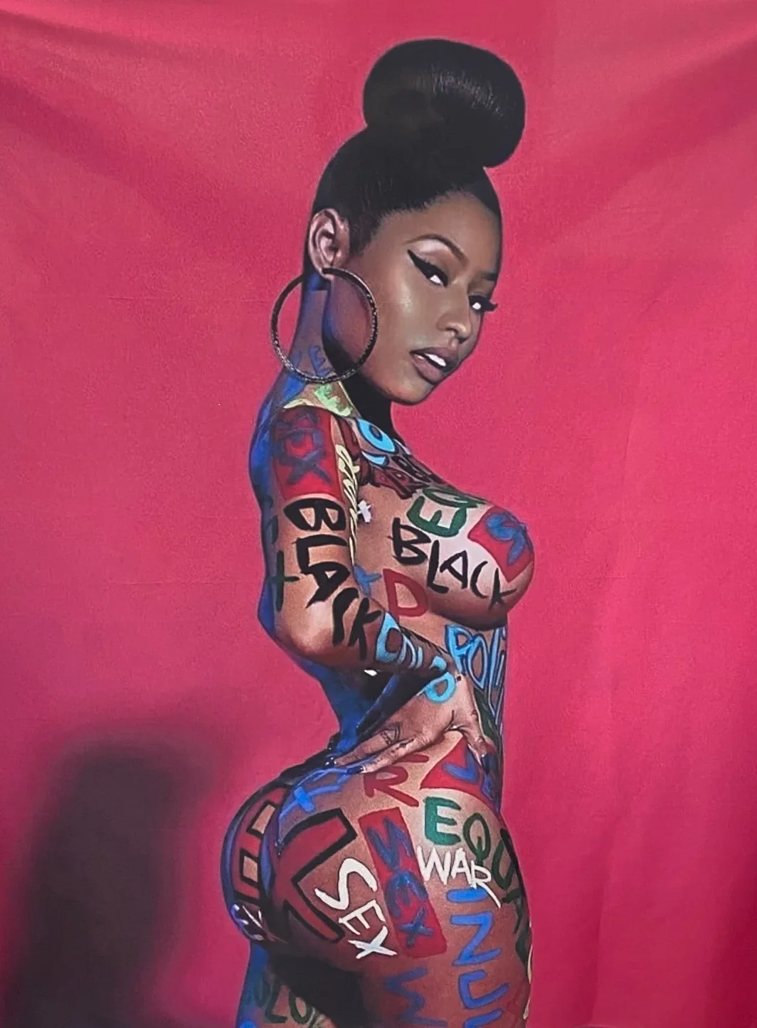 Custom fabric printing with a colourful artistic design of a woman.