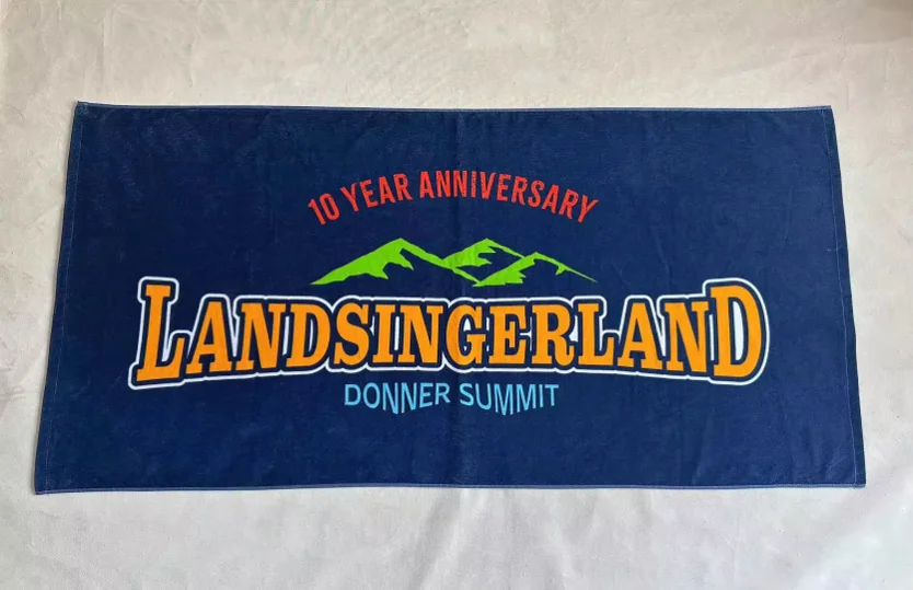 Embroidered towel with Landsingerland Donner Summit anniversary design.