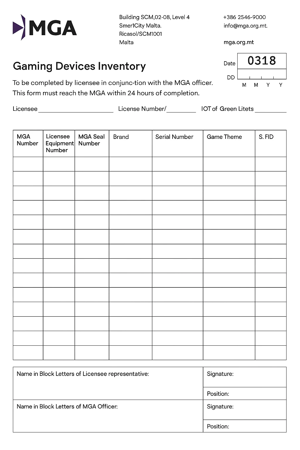 Printed form for gaming devices inventory under digital printing service.