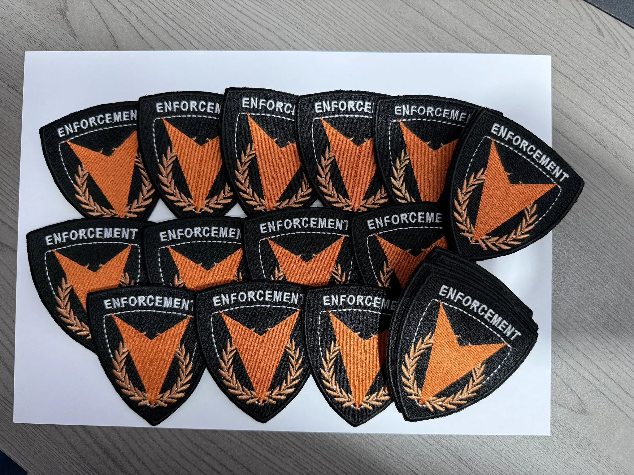 Embroidered patches with enforcement design, showcasing embroidery service.