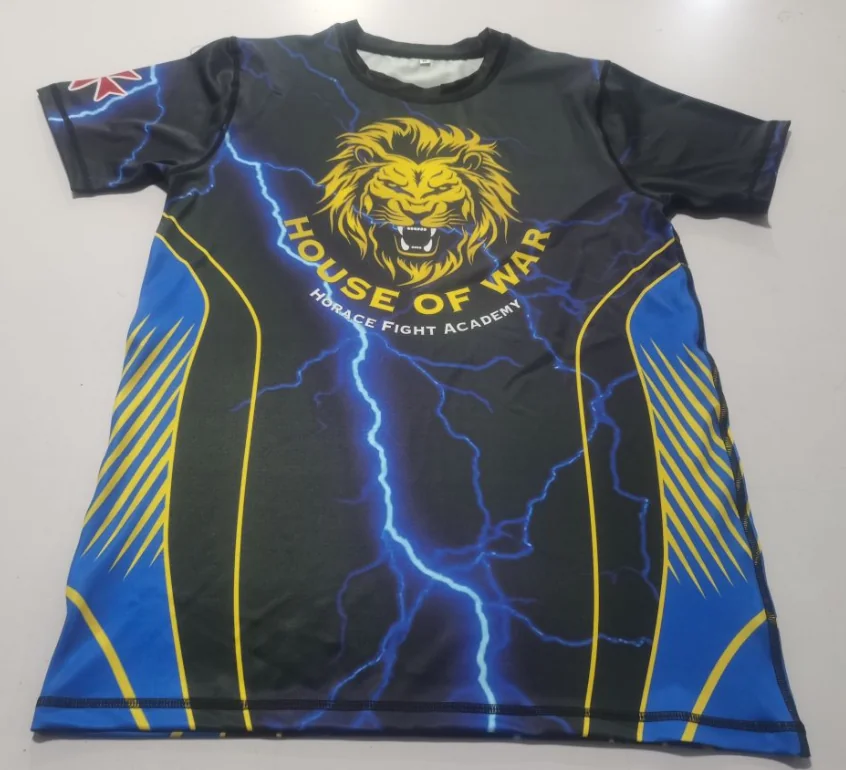 Custom sports t-shirt with lion and lightning design for garment printing.