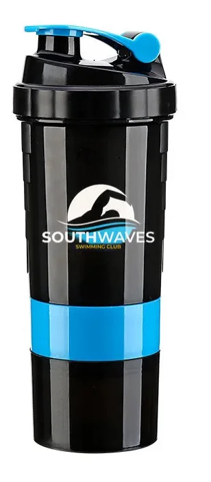 Protein shaker bottle branded with Southwaves Swimming Club logo.